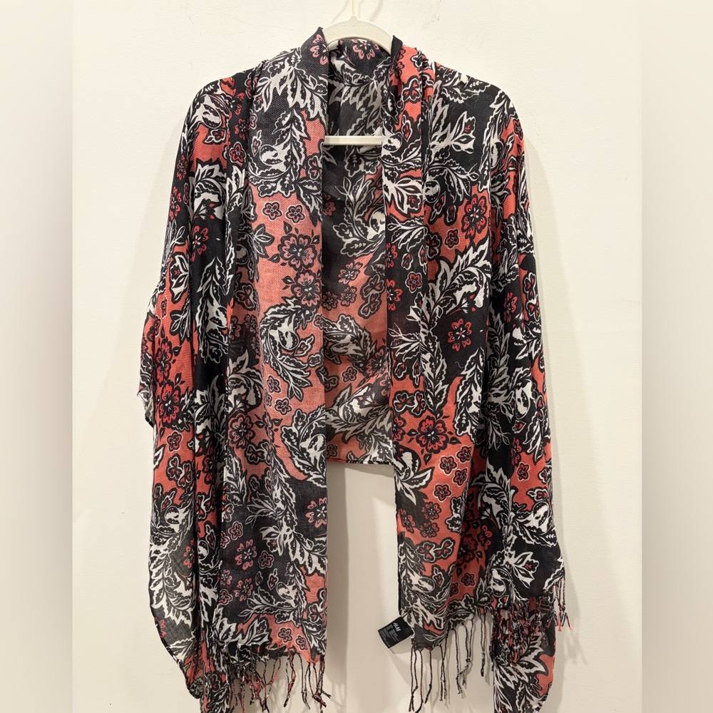 H&M Black and‎ Coral Floral Fringe Shawl Large 36”x 76”